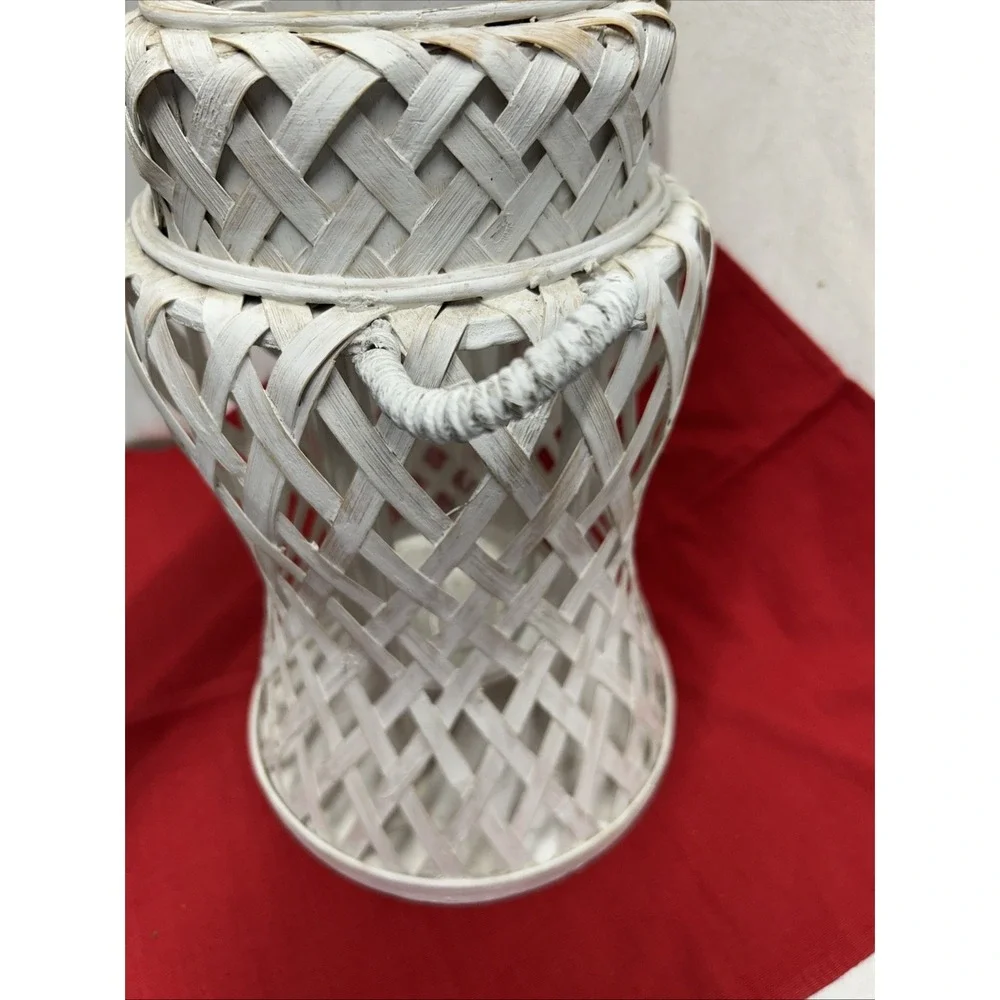 Large Whitewashed Rattan Hurricane Lantern Unique Boho Indoor Or Outdoor Decor